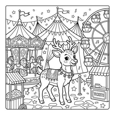 Experience the magic of the fairgrounds with this delightful coloring page featuring an adorable reindeer calf at a bustling carnival. Surrounded by classic attractions, this scene promises hours of creative fun for all ages.