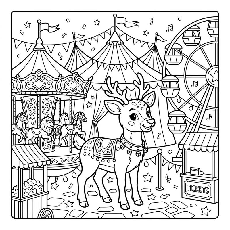 Experience the magic of the fairgrounds with this delightful coloring page featuring an adorable reindeer calf at a bustling carnival. Surrounded by classic attractions, this scene promises hours of creative fun for all ages.