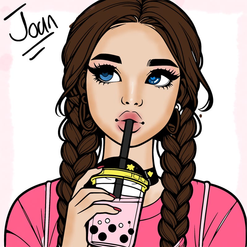 realistic girl with braided hair drinking boba