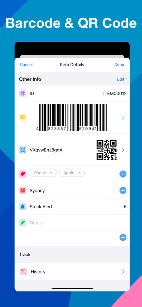 Inventory Easy - Stock Tracker - Item details screen displaying barcode and QR code integration for stock tracking.