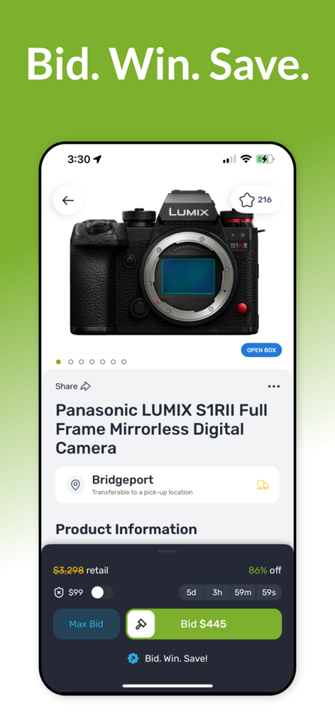 Tela do aplicativo MAC.BID mostrando um leilão de uma câmera Panasonic Lumix com uma oferta de 86 por cento de economia