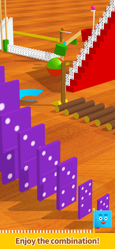 Pocket Marble Runs - 木製の床の上にある、紫色のドミノや様々な連鎖反応の仕掛けを備えた複雑な3Dマーブルランコース。