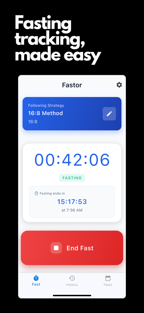Fastor : Intermittent fasting - Fastor app interface showing a minimalist fasting timer and the sixteen eight method strategy