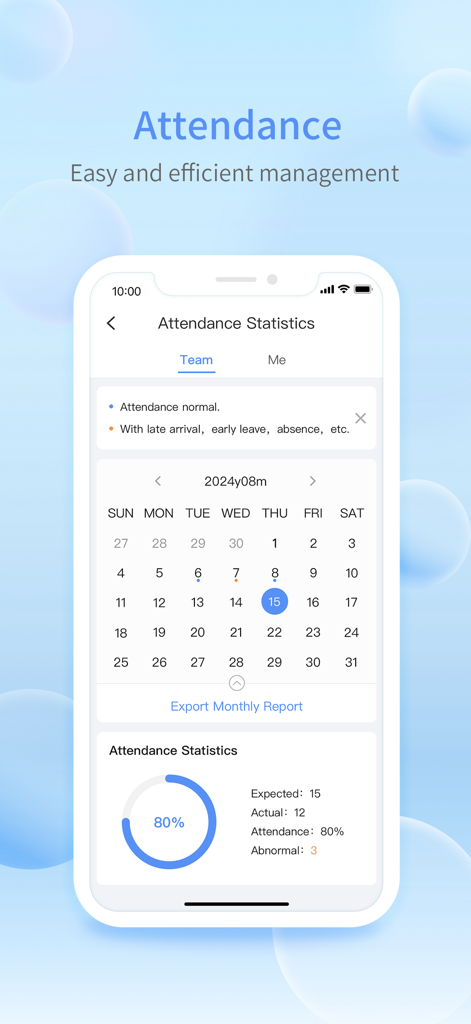 UNV Guard Connect - UNV Guard Connect Mobile App-Oberfläche, die Anwesenheitsstatistiken mit einem Kalender und monatlichen Leistungsdaten anzeigt
