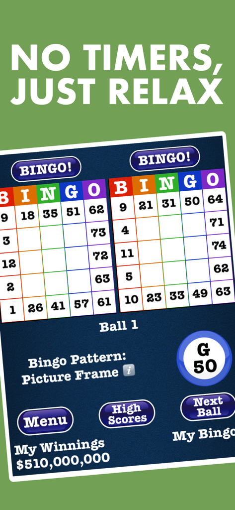Totally Free-Space Bingo! - Gameplay screenshot of Totally Free-Space Bingo showing two cards with the heading No Timers, Just Relax