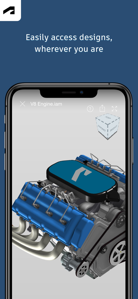 Autodesk Fusion - Aplicación móvil Autodesk Fusion en iPhone mostrando un diseño de motor V8 3D para revisión de ingeniería