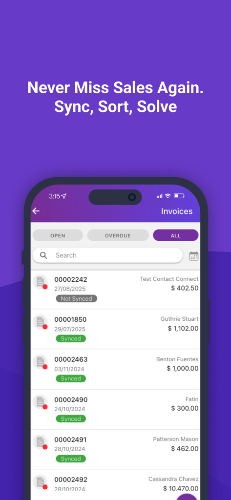 ABSS / Financio CONNECT - Mobile dashboard of the Financio CONNECT app showing a list of open and overdue invoices