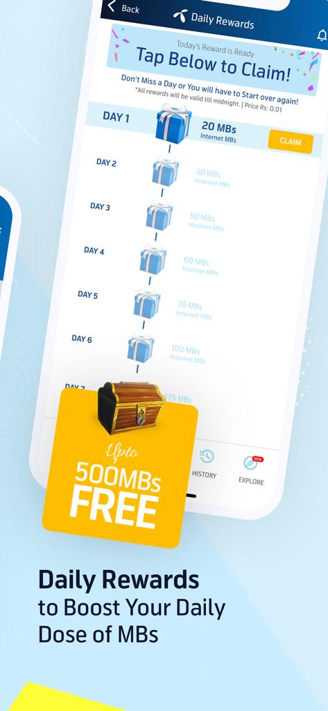 My Telenor - Daily rewards screen on the My Telenor app offering free internet MBs for daily claims