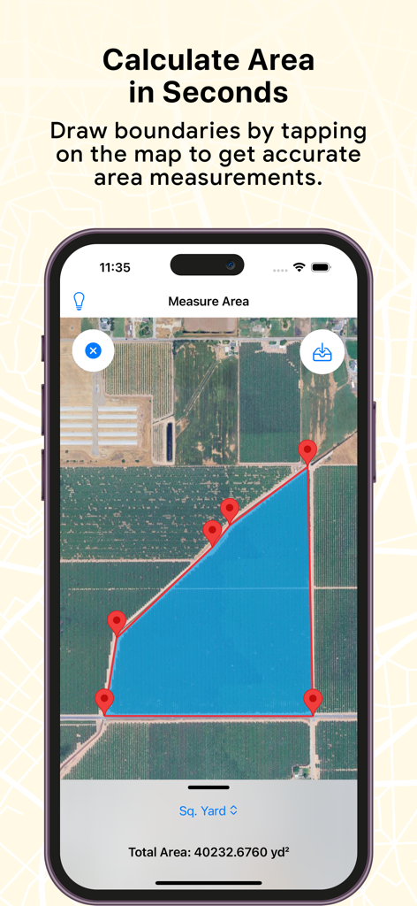Field & Distance Calculator - Interface do aplicativo Field and Distance Calculator mostrando medição de área de terra em um mapa de satélite em jardas quadradas.