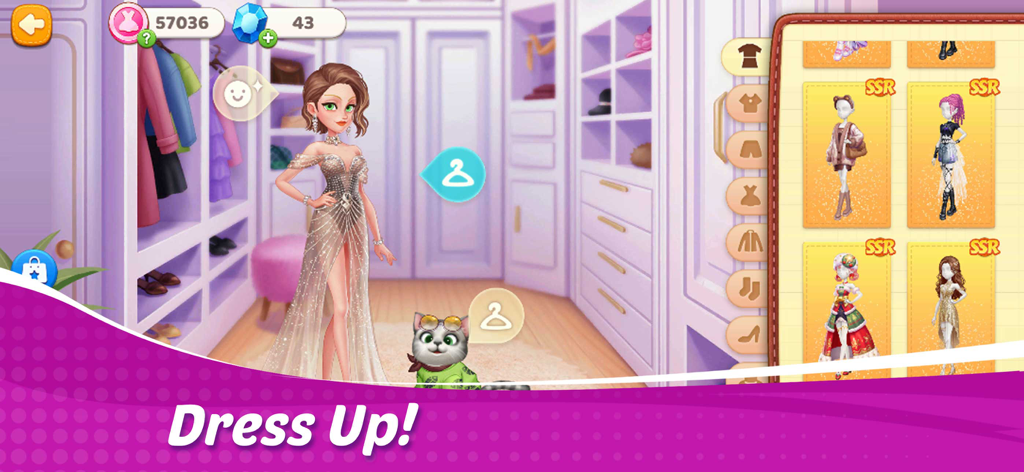 Cooking Wonder: Cooking Games - Uma personagem chef feminina em um closet usando um vestido brilhante com seu gato de estimação e menu de seleção de roupas