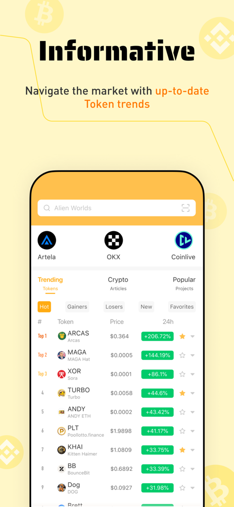 Bee Network:Phone-based Asset - Bee Network app interface showing trending cryptocurrency tokens and real-time price updates