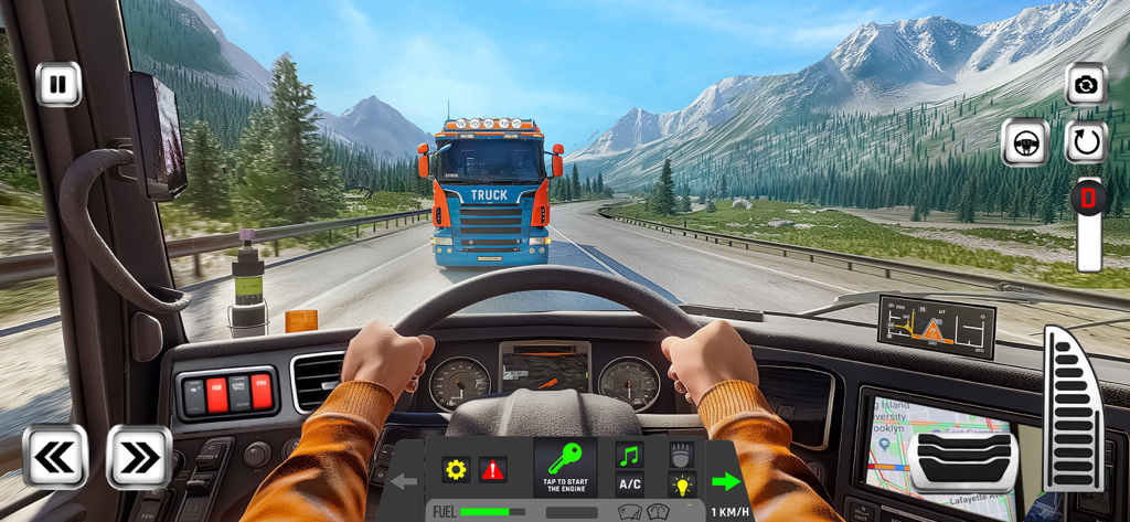 Truck Simulator Driver Games - First-person cockpit view of a truck driving through a mountainous landscape