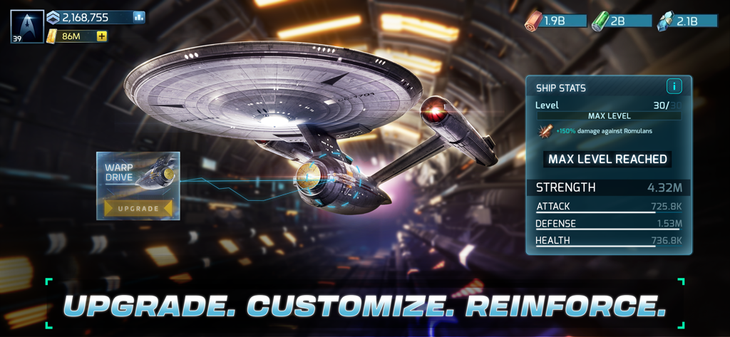 U.S.S. Enterprise Schiff-Statistiken und Upgrade-Bildschirm in Star Trek Flottenkommando