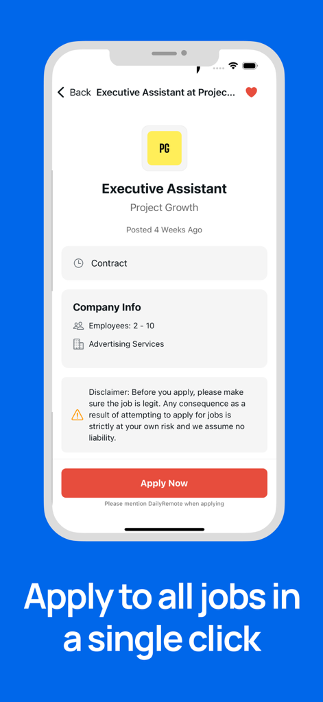 Screenshot dell'app DailyRemote che mostra un annuncio di lavoro per Assistente Esecutivo remoto con un pulsante 'Candidati Ora' con un clic.