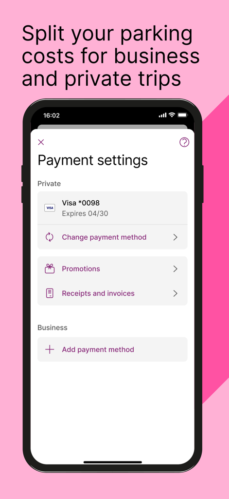 EasyPark app interface showing how to split parking costs between business and private accounts