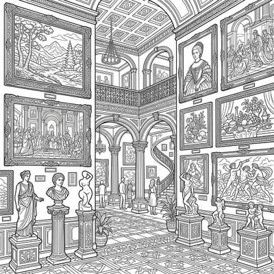 Immerse yourself in the elegance of a classical art museum with this beautifully detailed coloring page. Specially crafted for seniors, it offers a wonderful opportunity to relax, focus, and unleash your creativity.