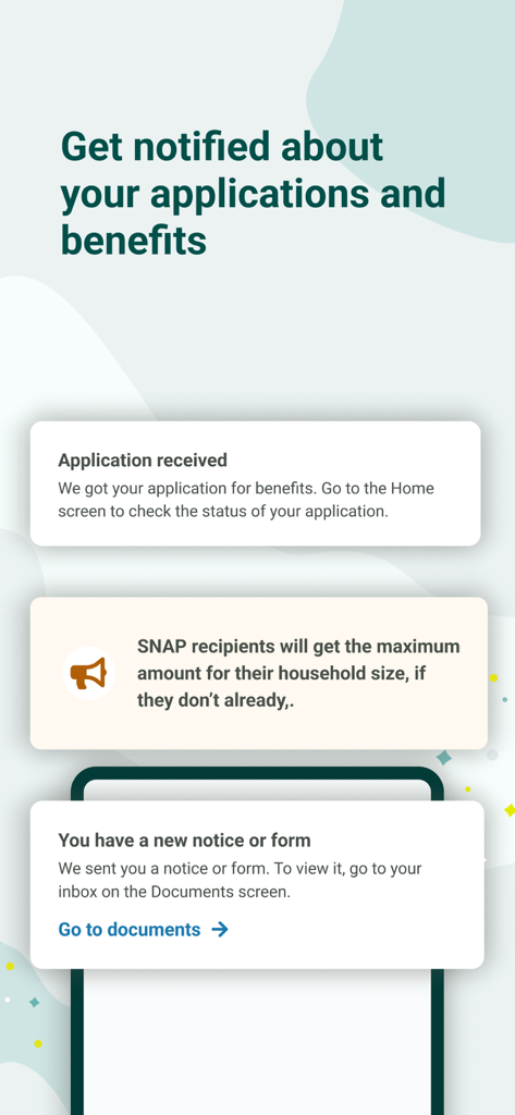 Your Texas Benefits - Schermata delle notifiche dell'app Your Texas Benefits che mostra gli aggiornamenti di stato per le domande e i benefici SNAP.