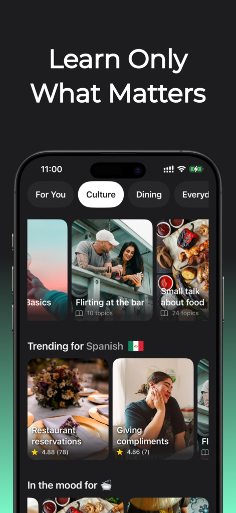 PrettyFluent Language Skills - PrettyFluent app interface showing practical language lessons for social culture dining and real life situations