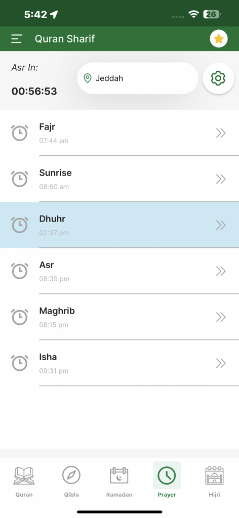 Full Quran Sharif Offline App - Daily Islamic prayer schedule screen showing timings for Fajr Sunrise Dhuhr Asr Maghrib and Isha