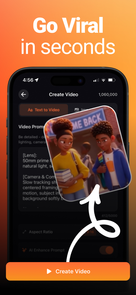 Interfaz de la aplicación Flashloop mostrando la generación de vídeo a partir de texto con una escena animada de dos estudiantes.