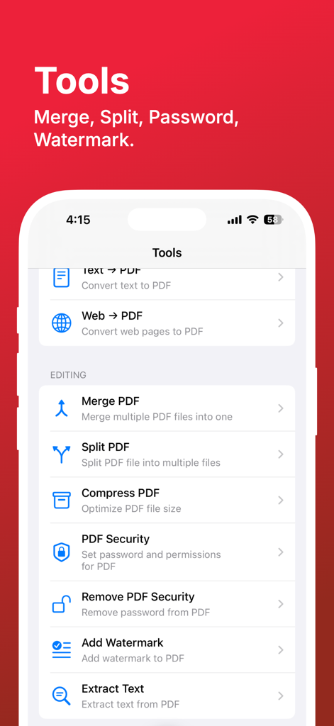 PDF Reader Pro: Scan & Sign - Interface of the PDF Reader Pro app showing a list of tools for merging splitting compressing and securing PDF documents