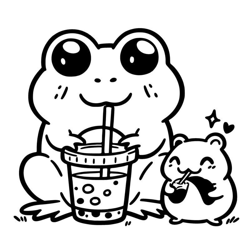 cute frog drinking boba with a capybara