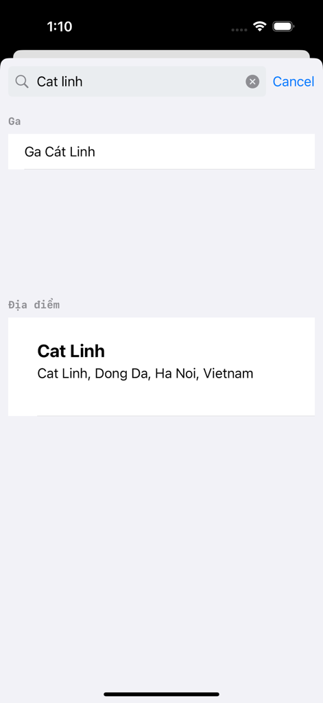 Metro Hanoi - Search screen of the Metro Hanoi app showing results for Cat Linh station