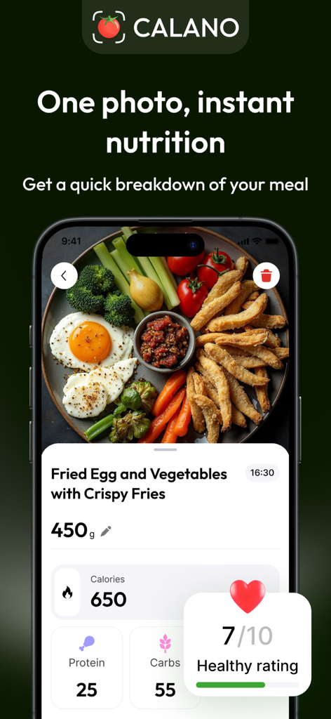 CALANO app interface showing a meal photo with instant calorie and macronutrient analysis