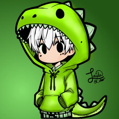 manga character wearing a dinosaur hoody