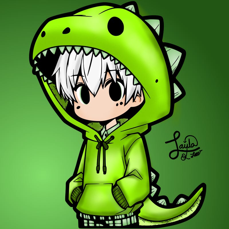 manga character wearing a dinosaur hoody