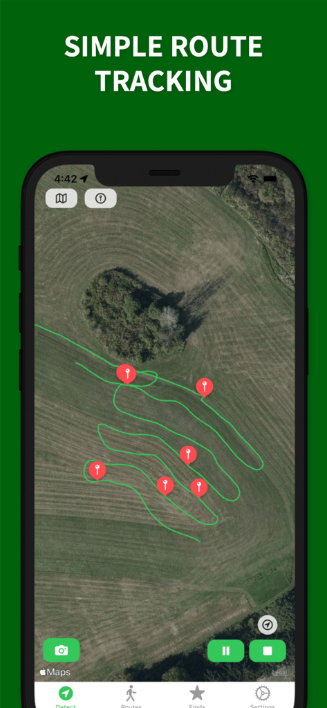 LuckyFind: Metal Detecting App - LuckyFind app interface showing GPS route tracking on a satellite map with pinned finds