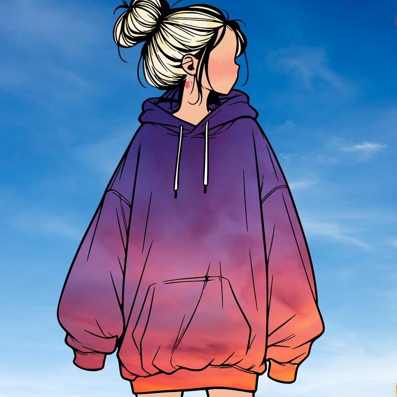 realistic girl with a oversized sweatshirt on and a bun