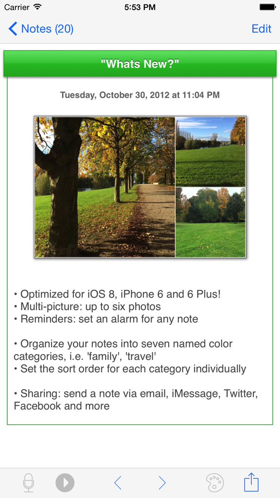Screenshot einer Notiz in all-in Notes mit Landschaftsfotos und einer Liste von App-Funktionen, einschließlich Farb-Kategorien und Foto-Unterstützung.