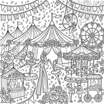 Immerse yourself in a spectacular fusion of delicate miniature roses and the vibrant excitement of a carnival with this unique coloring page. Discover aerialists, stilt walkers, and classic fairground rides, all ready for your creative touch.