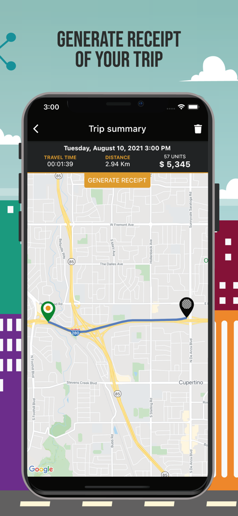 Resumen del viaje de Taximetro GPS que muestra el costo de la distancia recorrida y la ruta del mapa