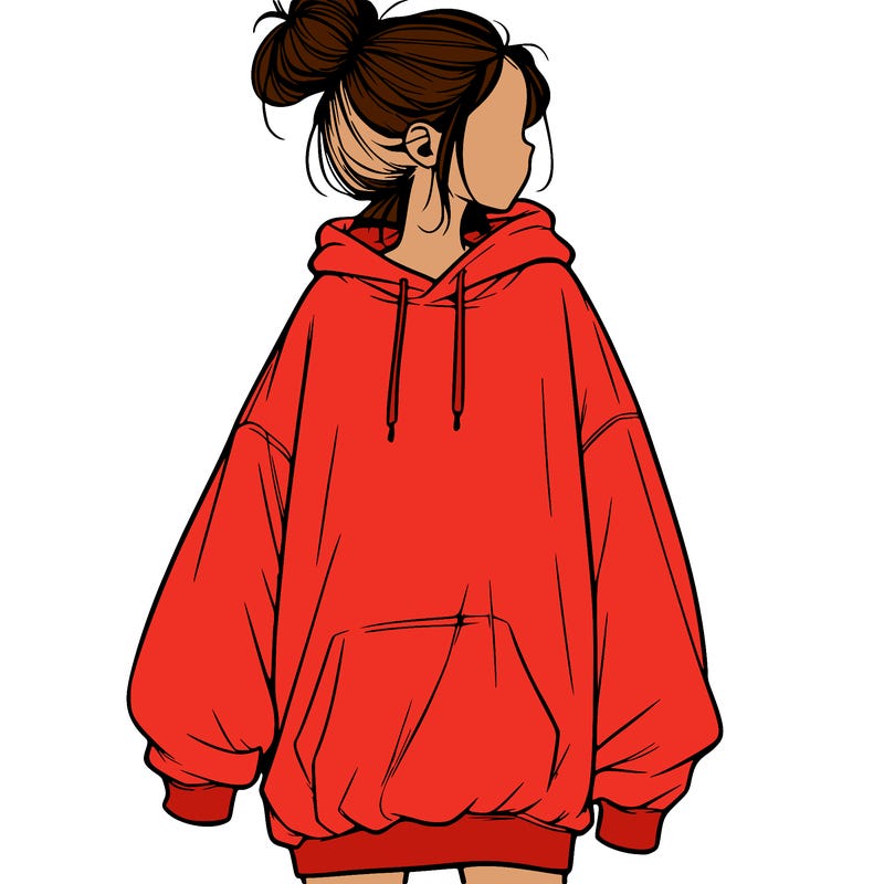 realistic girl with a oversized sweatshirt on and a bun