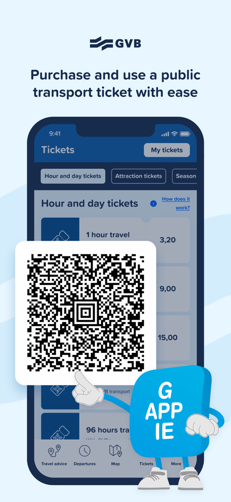 Interfaz de la app móvil GVB que muestra billetes de transporte digital y un código QR grande para escanear en las puertas de transporte.