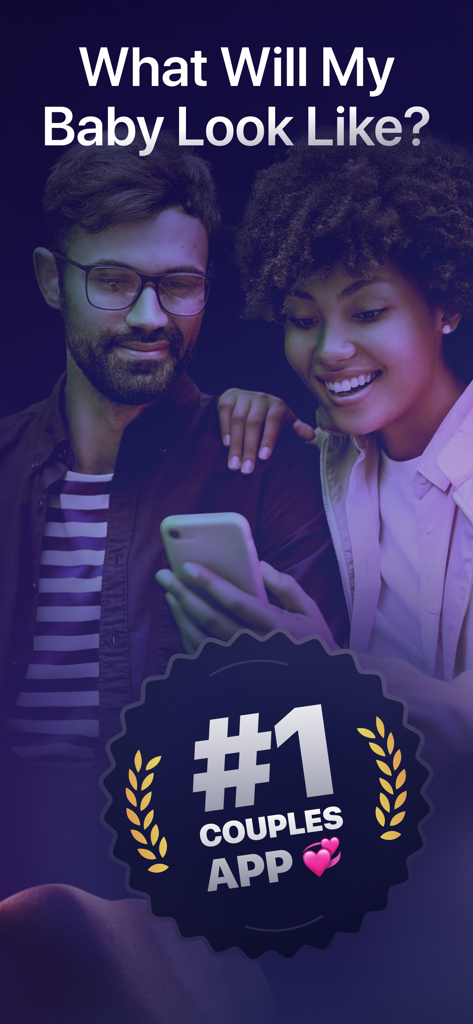 Future Baby Face Generator AI - A smiling couple looking at their phone with the text What Will My Baby Look Like and a badge for the number one couples app.