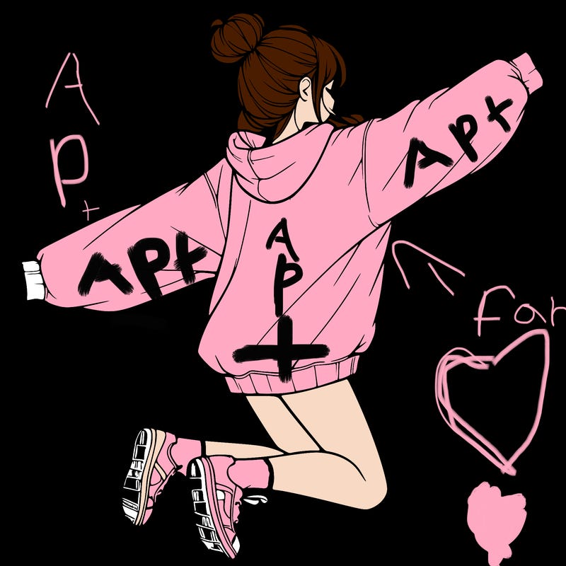 realistic girl jumping with a bun and oversized sweatshirt