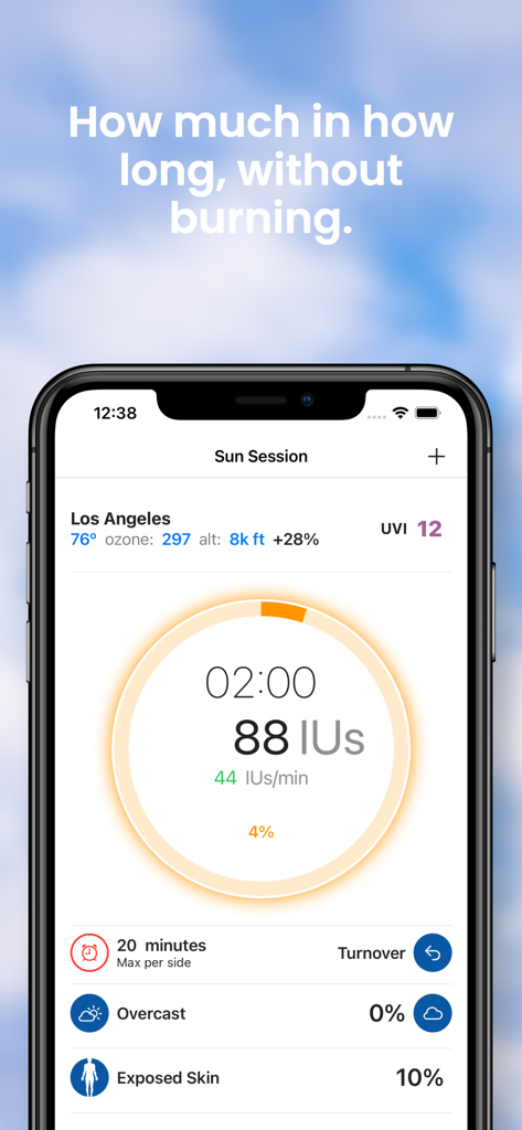D Minder Pro - D Minder Pro app interface showing a sun session timer tracking Vitamin D intake and UV index