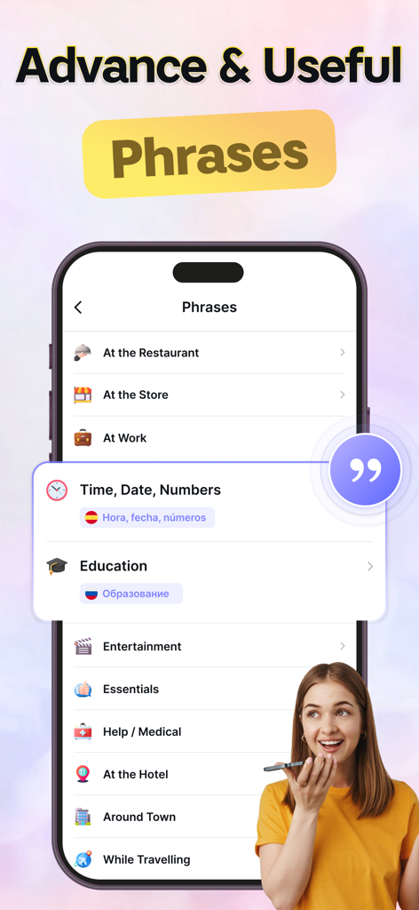All Translate AI: Voice, Text - Smartphone interface of All Translate AI showing various travel phrase categories like restaurant and medical.