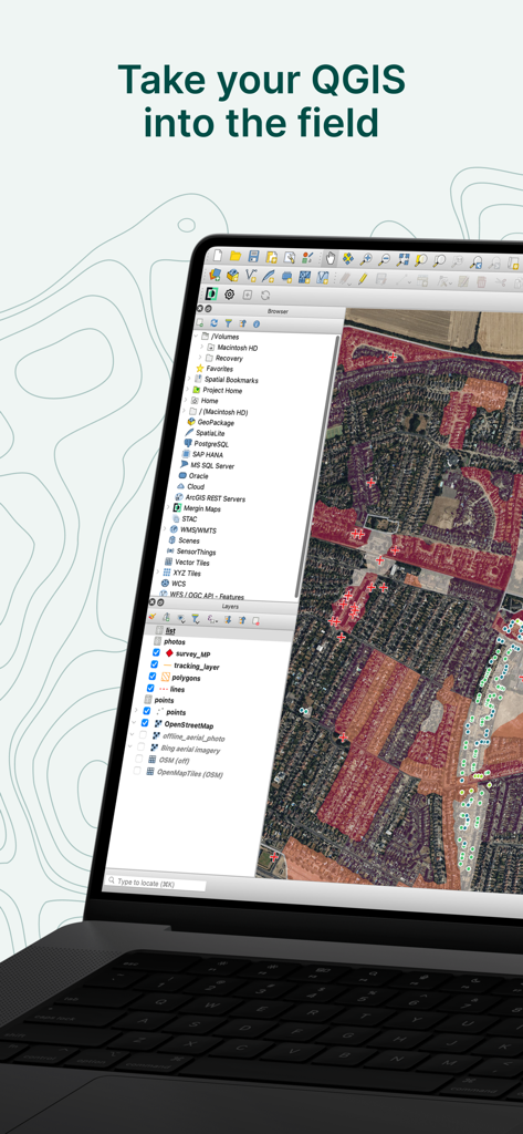 A laptop displaying the QGIS desktop software interface with a detailed satellite map and geographic layers under the heading Take your QGIS into the field