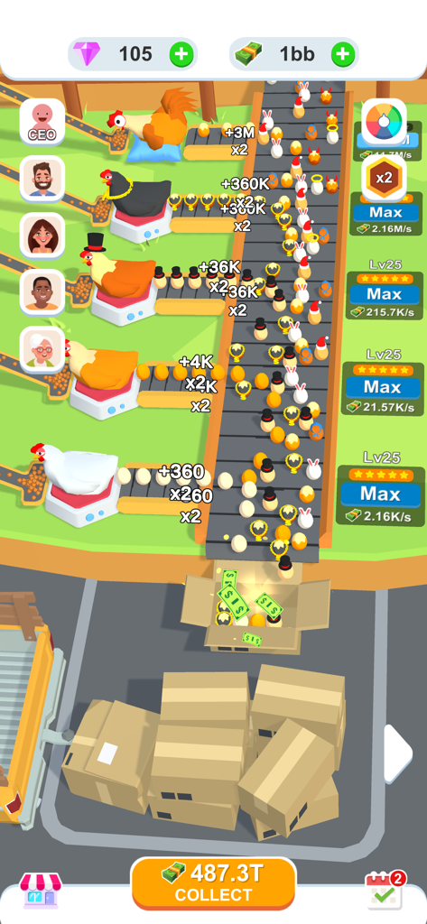 Idle Egg Factory 3D - In game screenshot of Idle Egg Factory 3D showing automated egg production lines and shipping