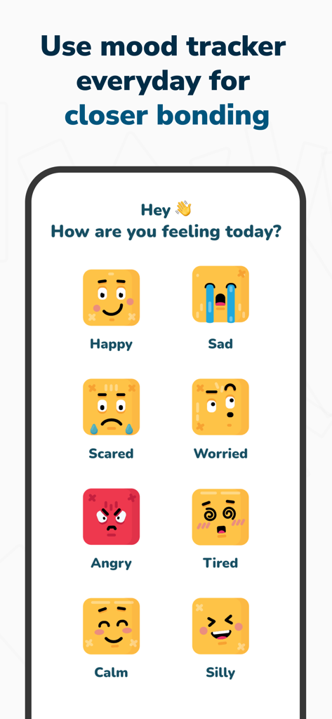 Hearty App: Everyday Bonding - Hearty app interface showing a mood tracker with various colorful emotion icons like happy, sad, and tired.