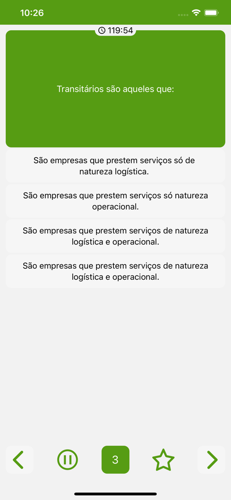A multiple choice question screen from the Testes de CAM exam study app