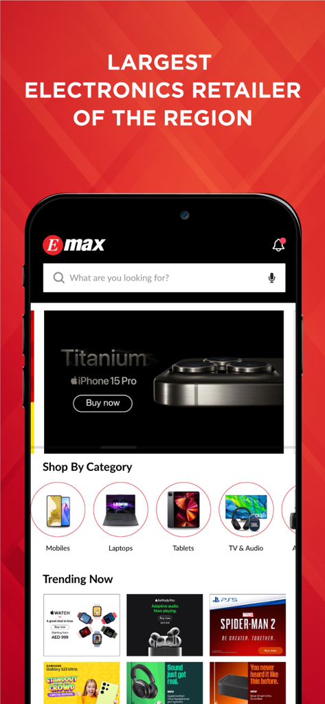 Emax mobile app interface showing categories for mobiles laptops and tablets with trending electronics deals