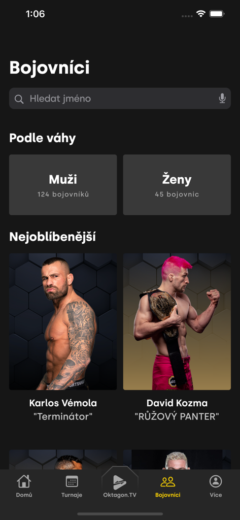 O diretório de lutadores no aplicativo OKTAGON MMA exibindo os atletas populares Karlos Vemola e David Kozma.