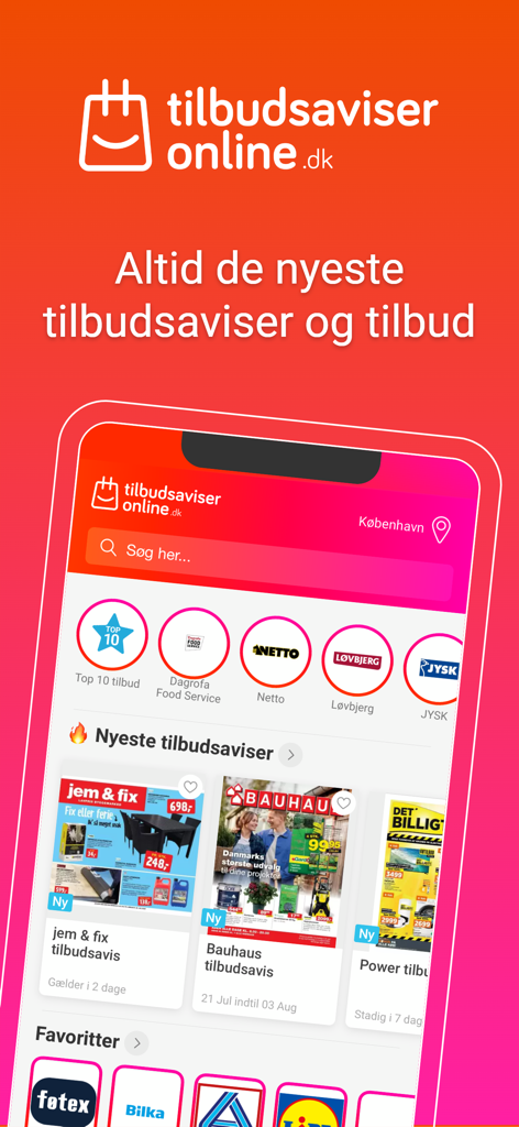 Mobile app interface of Tilbudsaviser Online showing digital circulars and deals for stores in Denmark