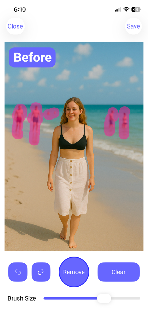 Remove Objects - Remove AI - AI 물체 제거 앱 사용자 인터페이스가 해변 사진에서 삭제할 사진 방해꾼을 강조 표시하는 것을 보여줌