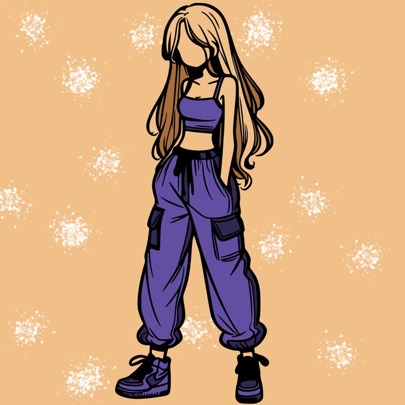 girl in baggy pants crop top and long hair